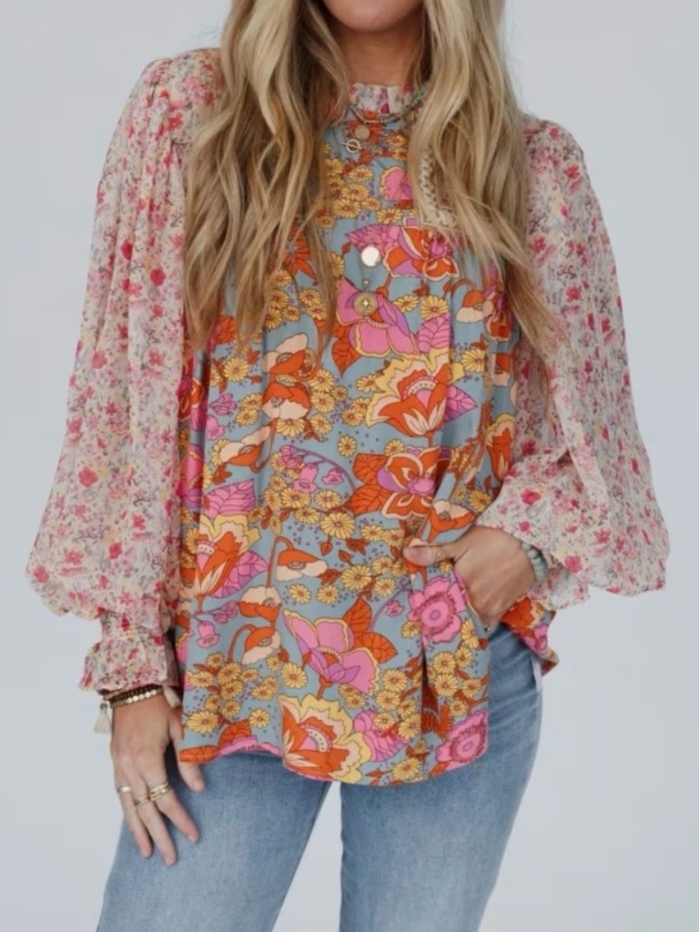 JODIFL Flower Frenzy Bubble Sleeve Top Size L